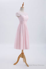 Princess Pink Chiffon and Lace Short Sleeves Bridesmaid Dress