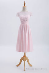 Princess Pink Chiffon and Lace Short Sleeves Bridesmaid Dress