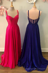 Neon Pink V-Neck Straps A-Line Prom Dress