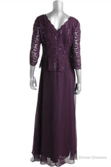 Two-Piece Plum Purple Long Sleeve Long Mother of the Bride Dress