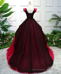 Unique Burgundy V Neck Tulle Long Prom Dress, Burgundy Evening Dress