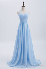 Blue Pleated Straps Chiffon Long Bridesmaid Dress