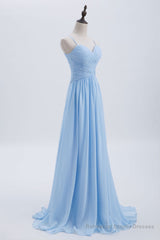 Blue Pleated Straps Chiffon Long Bridesmaid Dress