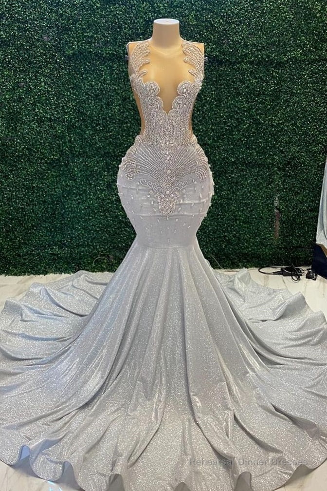 Mermaid Sparkle Silver Beaded Long Prom Dresses