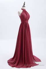 High Neck Burgundy Chiffon A-line Long Bridesmaid Dress