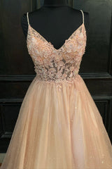 Blush Pink Appliques Straps V Neck A-line Long Prom Dress