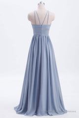 Misty Blue Scoop Chiffon A-line Long Bridesmaid Dress