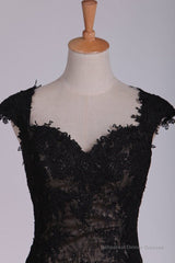 Black Off The Shoulder Sheath Prom Dresses Lace&Tulle Floor Length With Applique & Slit