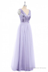 Lavender Sequin V-Neck Backless A-Line Long Dress