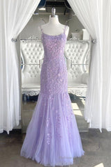 Lilac Spaghetti Straps Long Lace Tulle Evening Dresses Mermaid Appliques Prom Dresses