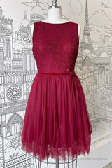 A-line Scoop Neck Tulle Lace Mini Bridesmaid Dress with Sash