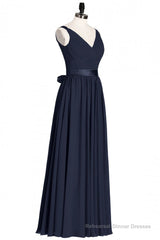 Navy Blue V-Neck Tie-Back A-Line Long Bridesmaid Dress