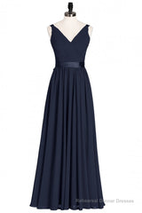 Navy Blue V-Neck Tie-Back A-Line Long Bridesmaid Dress