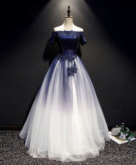 Blue Tulle Lace Long Prom Dress, Blue Tulle Lace Formal Dress