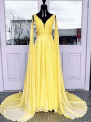 V-neck Chiffon Long Prom Dresses, A-line Prom Dresses