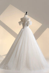 Ivory Tulle Off the Shoulder Formal Gown, Elegant A-Line Wedding Dress