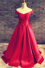 2025 Gorgeous Red Floor-Length/Long A-Line/Princess Off-the-Shoulder Lace Up Satin Prom Dresses