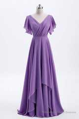 Flutter Sleeves Lavender Chiffon A-line Long Bridesmaid Dress