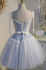 Light Blue Spaghetti Straps Lace Tulle Short Homecoming Dresses