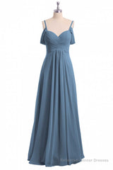 Dusty Blue Chiffon Cold Shoulder A-Line Long Bridesmaid Dress