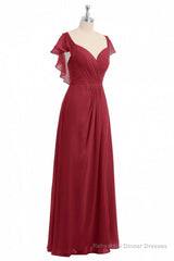 Wine Red Chiffon Backless Ruffled Sleeve Long Bridesmaid Dress