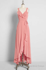 Peach Straps Ruffled High-Low Bridesmaid Dress