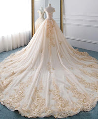 Unique Champagne Tulle Lace Long Wedding Dress, Bridal Gown