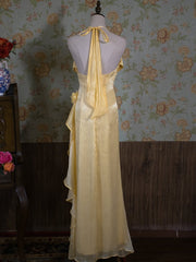 Vintage Yellow Halter Neck Floral Prom Gown Fairy Princess Dress