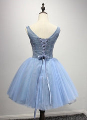 A-Line Crew Neck Blue Appliques Homecoming Dress 2025