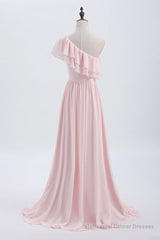 Ruffles Pink One Shoulder Chiffon A-line Long Bridesmaid Dress