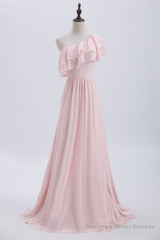 Ruffles Pink One Shoulder Chiffon A-line Long Bridesmaid Dress