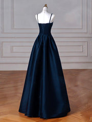 Simple A-Line Dark Blue Satin Long Prom Dress, Dark Blue Long Formal Dress