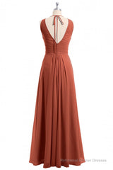 Rust Orange Crew Neck Backless A-Line Long Bridesmaid Dress