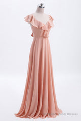 Peach Ruffles A-lline Chiffon Long Bridesmaid Dress with Tie Back