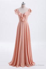 Peach Ruffles A-lline Chiffon Long Bridesmaid Dress with Tie Back