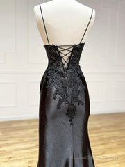 Dark Blue V Neck Satin Lace Long Prom Dress, Dark Blue Lace Long Evening Dress