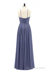 Navy Blue Chiffon Halter Backless A-Line Long Bridesmaid Dress