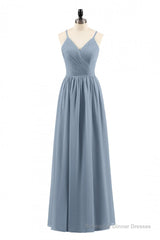 Dusty Blue Chiffon Cutout Back A-Line Long Bridesmaid Dress