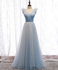 Simple Blue V Neck Tulle Long Prom Dress, Blue Formal Dress