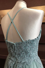 Dusty Green A-line V Neck Cross Back Appliques Tulle Long Prom Dress