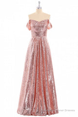 Rose Gold Sequin Off-the-Shoulder A-Line Long Bridesmaid Dress