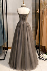 Gray Tulle Spaghetti Strap Long Prom Dresses, A-Line Evening Dresses