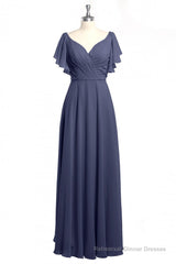 Navy Blue V-Neck Backless Ruffled A-Line Long Dress