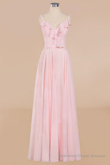 Pink Ruffle Lace-Up A-Line Long Bridesmaid Dress