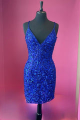 Royal Blue Sequins Deep V Neck Straps Sheath Homcoming Dress