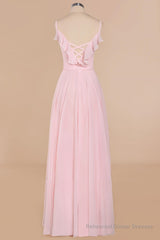 Pink Ruffle Lace-Up A-Line Long Bridesmaid Dress