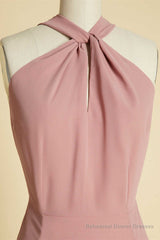 Dusty Pink Twist-Front Backless Long Formal Dress