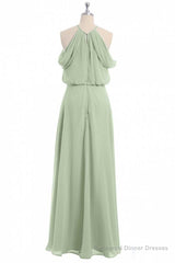 Sage Green Chiffon Halter Blouson-Style Long Bridesmaid Dress