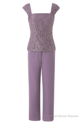 Three-Piece Mauve Square Neck Mother of the Bride Pant Suits