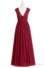 Red Lace Cap Sleeve A-Line Long Bridesmaid Dress